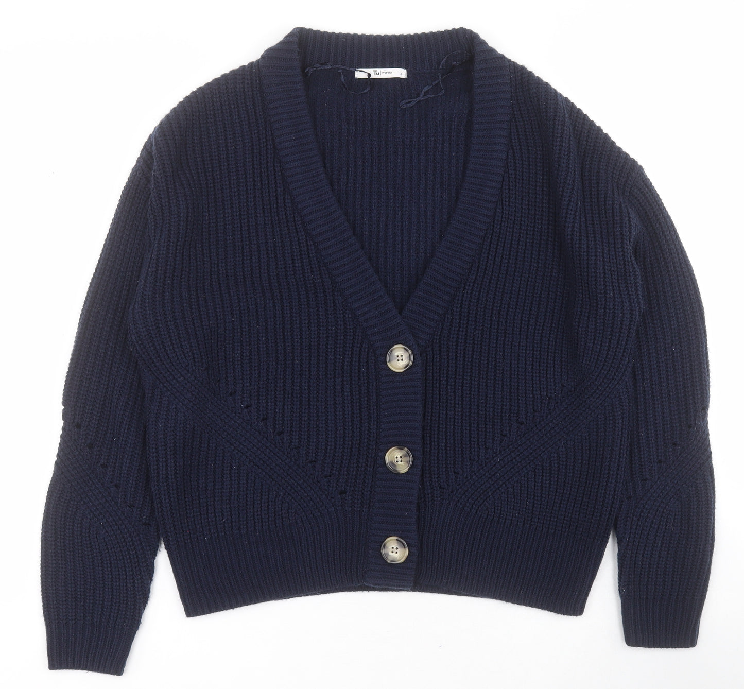TU Womens Blue V-Neck  Acrylic Cardigan Jumper Size 12