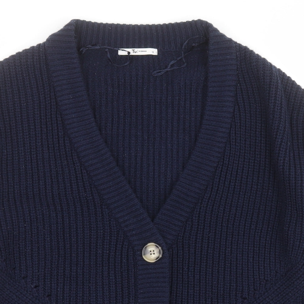 TU Womens Blue V-Neck  Acrylic Cardigan Jumper Size 12