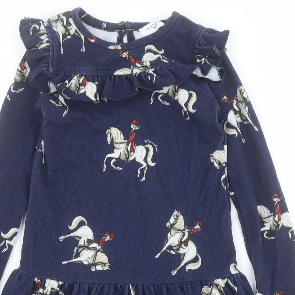 Monnalisa Girls Blue  Viscose Fit & Flare  Size 6 Years  Round Neck Pullover - Horse
