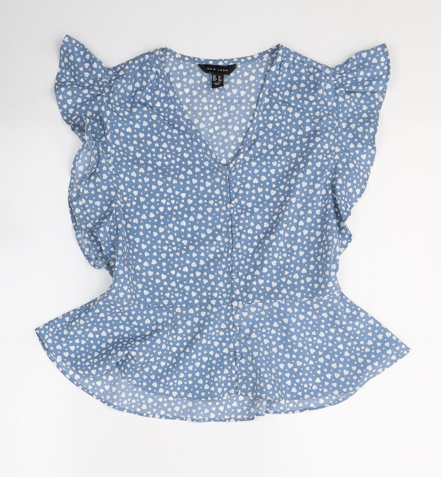 New Look Womens Blue Polka Dot Polyester Basic T-Shirt Size 10 V-Neck