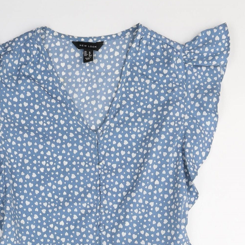 New Look Womens Blue Polka Dot Polyester Basic T-Shirt Size 10 V-Neck