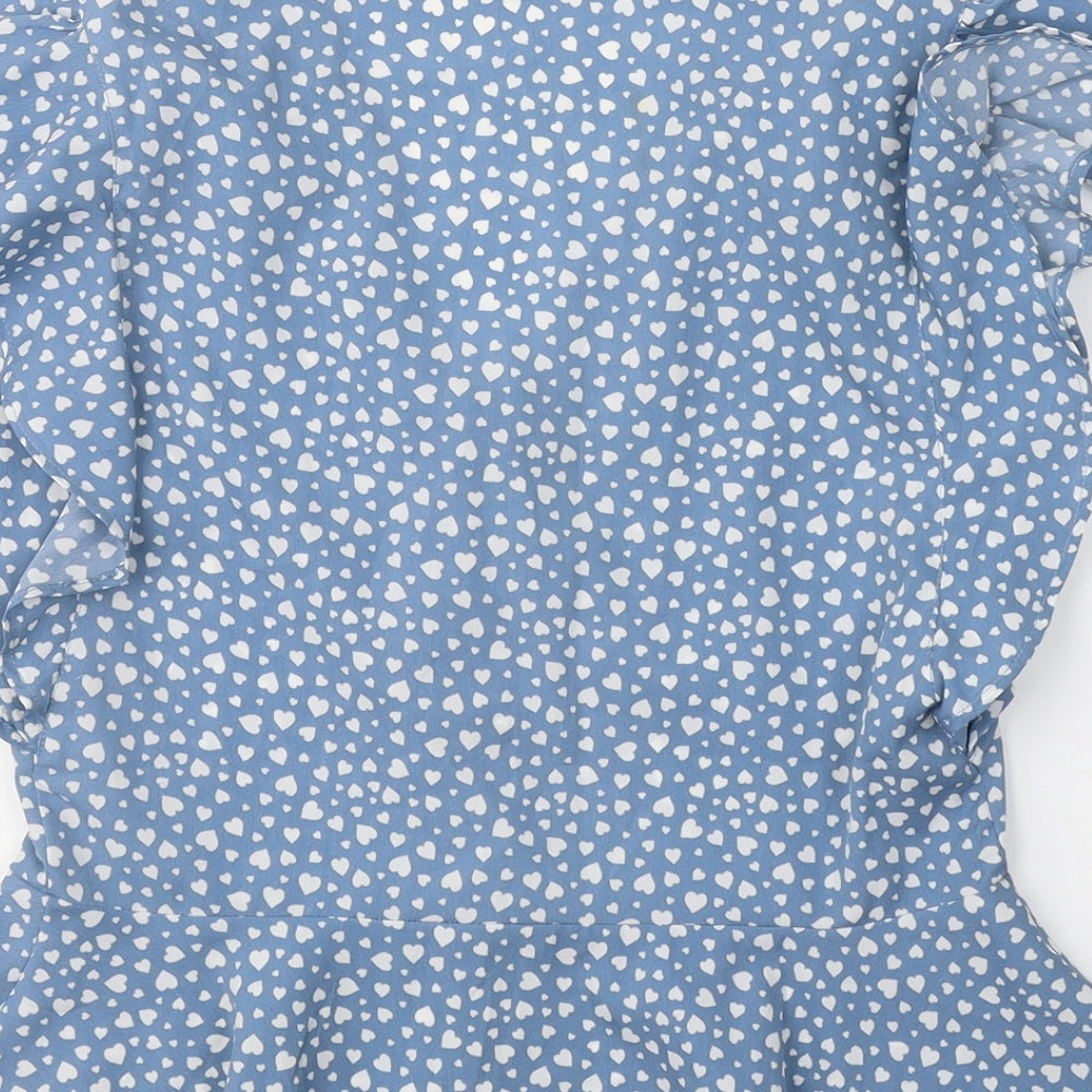 New Look Womens Blue Polka Dot Polyester Basic T-Shirt Size 10 V-Neck