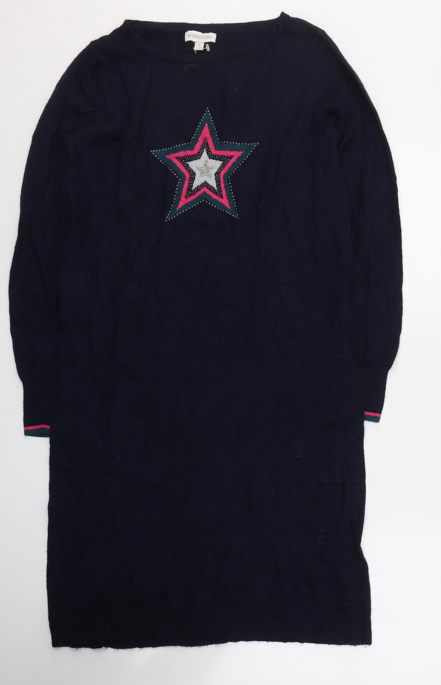 Monsoon Womens Blue  Acrylic Jumper Dress  Size M  Round Neck Pullover - Star