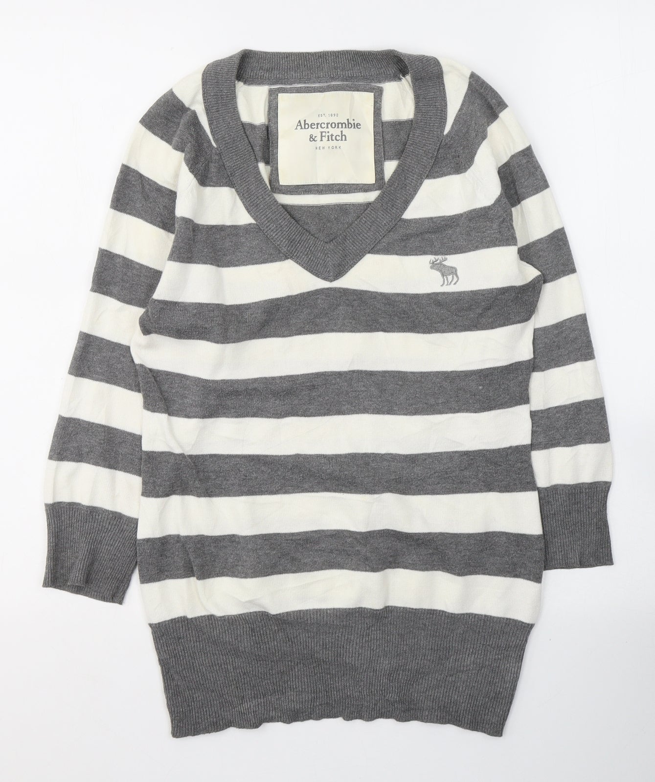 Abercrombie & Fitch Womens White Striped Cotton Jersey T-Shirt Size L V-Neck