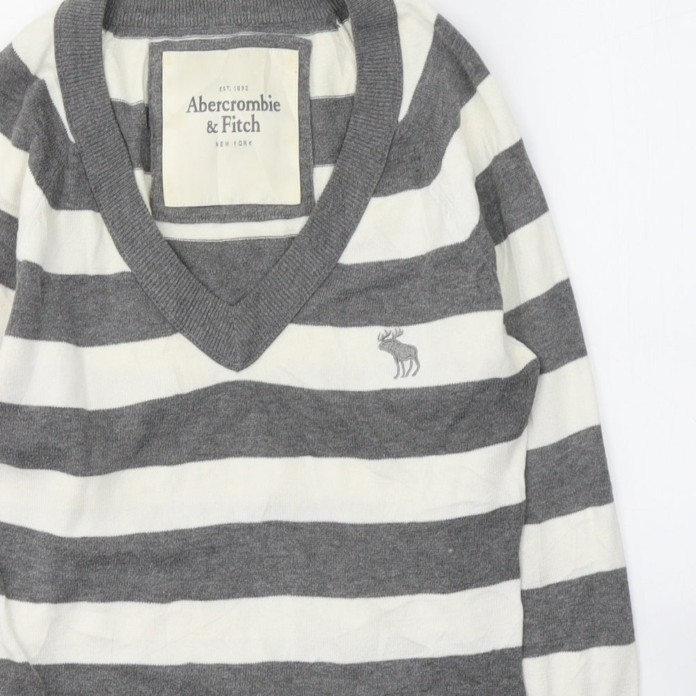Abercrombie & Fitch Womens White Striped Cotton Jersey T-Shirt Size L V-Neck