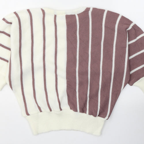 Genetics Womens White Round Neck Striped Acrylic Pullover Jumper Size 14