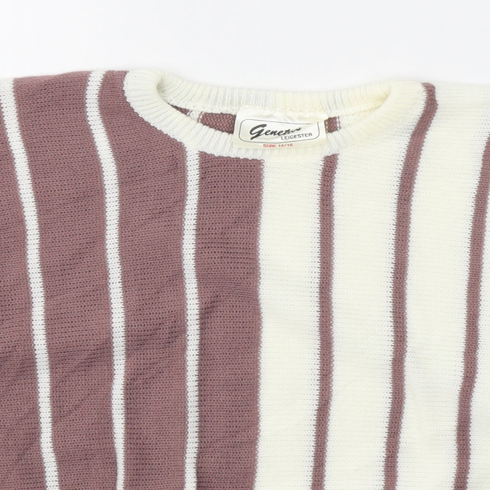 Genetics Womens White Round Neck Striped Acrylic Pullover Jumper Size 14