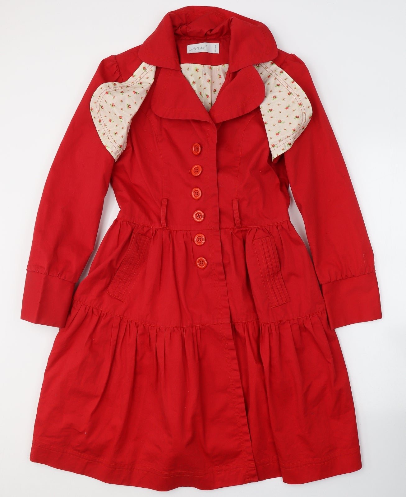 Bonffier Womens Red Floral  Pea Coat Coat Size 16  Button