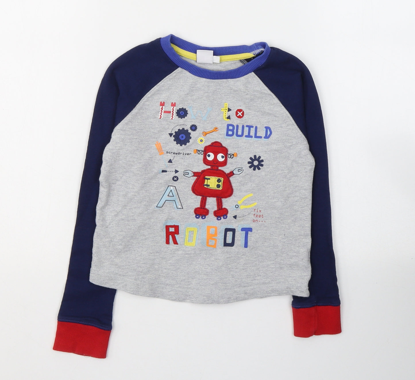Mini Club Boys Grey Colourblock Cotton Basic Casual Size 3-4 Years Round Neck Pullover - Robot