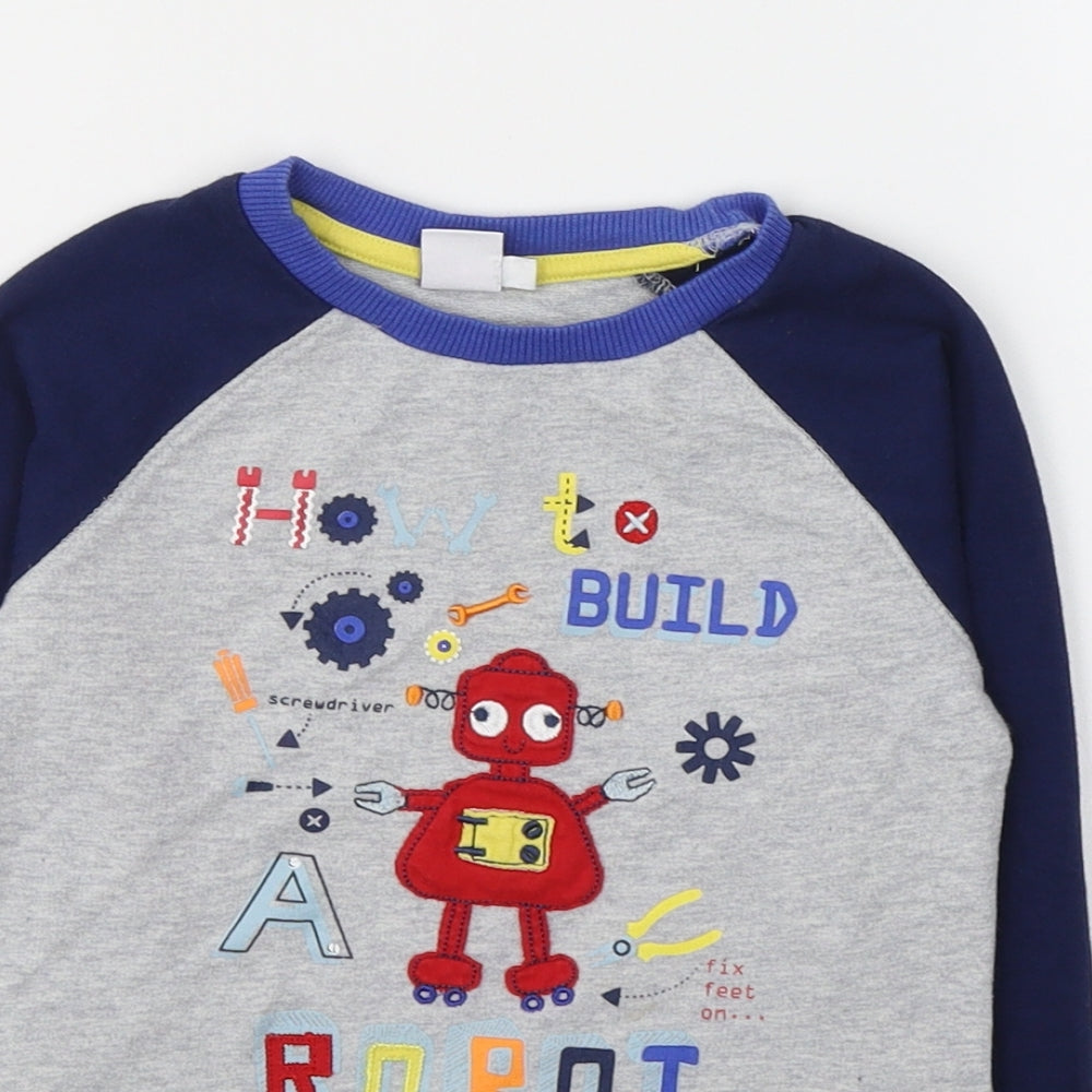 Mini Club Boys Grey Colourblock Cotton Basic Casual Size 3-4 Years Round Neck Pullover - Robot