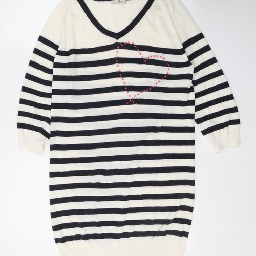 TU Womens White Striped Acrylic Jumper Dress  Size 10  V-Neck Pullover - Heart