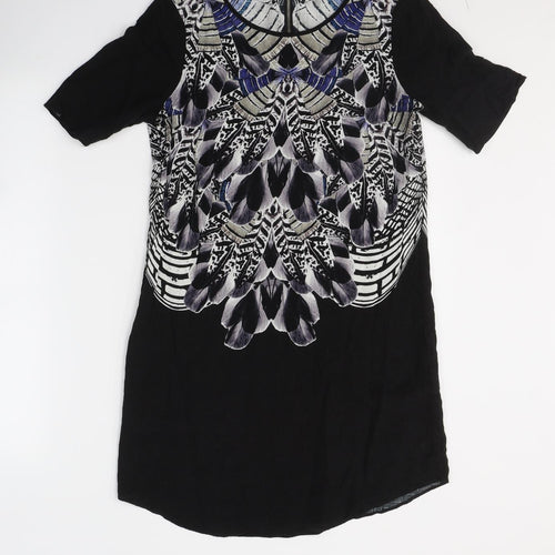 Warehouse Womens Black Geometric Viscose A-Line  Size 10  Round Neck Zip
