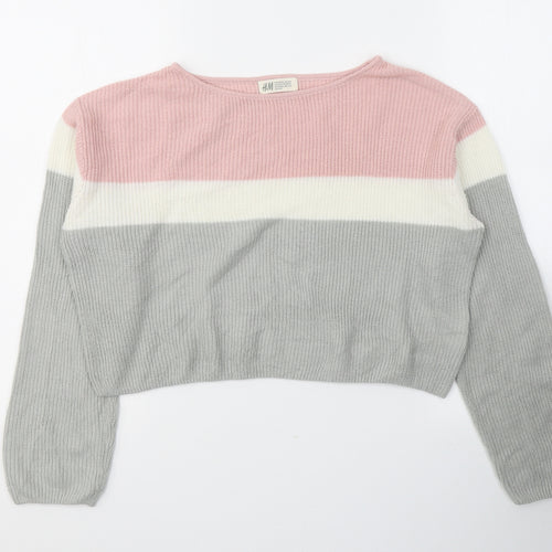 H&M Girls Multicoloured Boat Neck Striped Acrylic Pullover Jumper Size 10-11 Years  Pullover