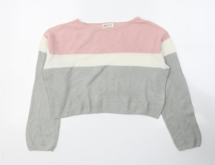 H&M Girls Multicoloured Boat Neck Striped Acrylic Pullover Jumper Size 10-11 Years  Pullover
