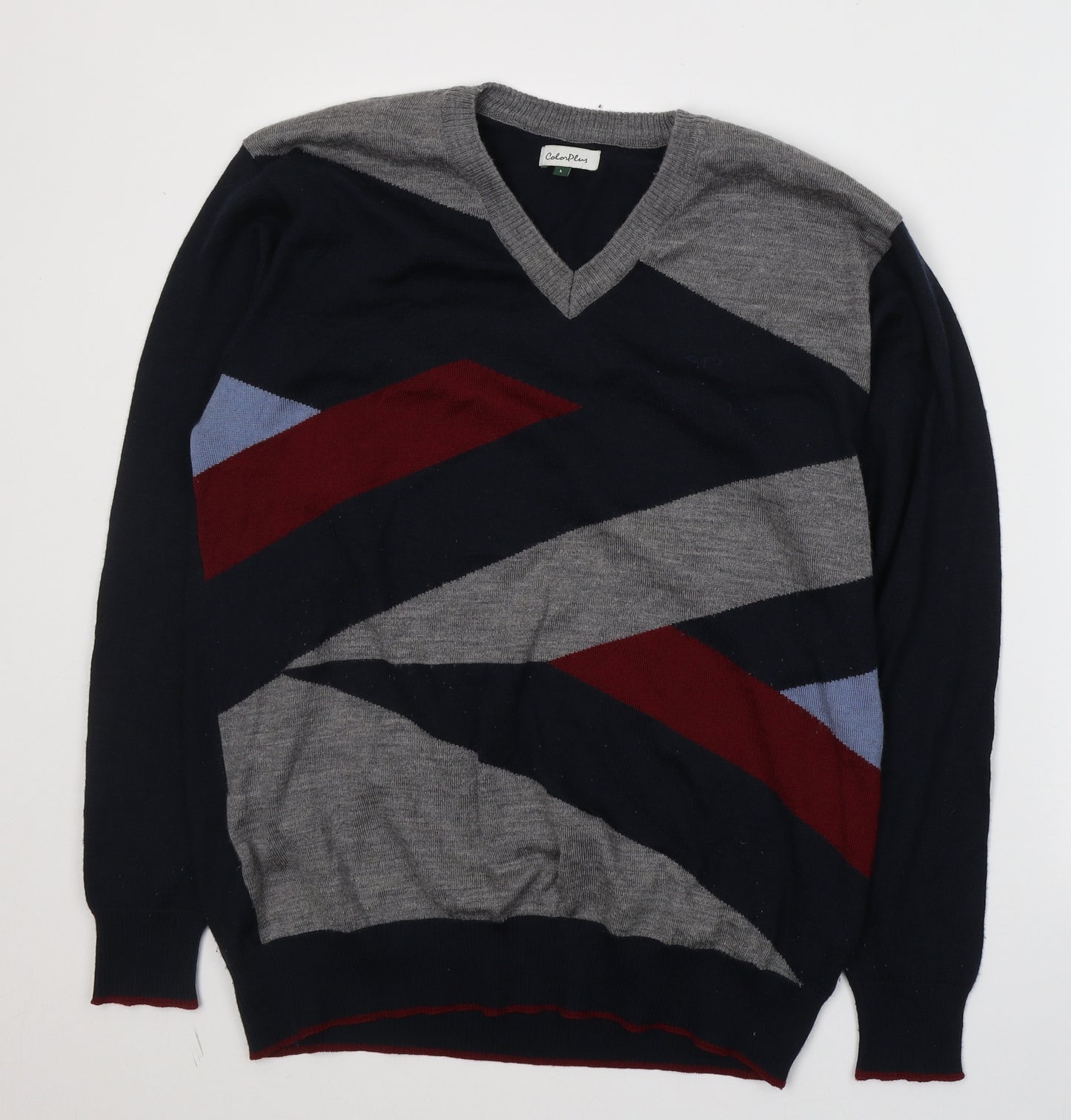 Colorplus Mens Blue V-Neck Geometric Acrylic Pullover Jumper Size L