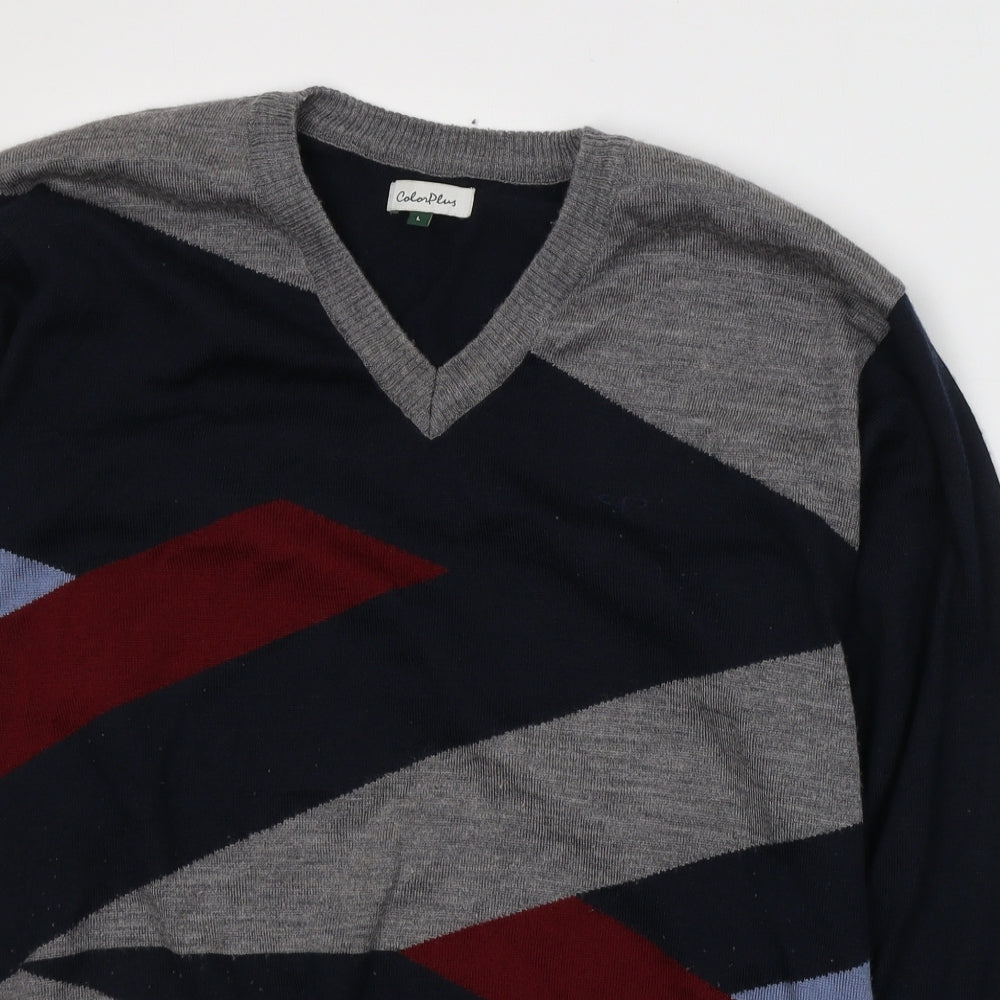 Colorplus Mens Blue V-Neck Geometric Acrylic Pullover Jumper Size L