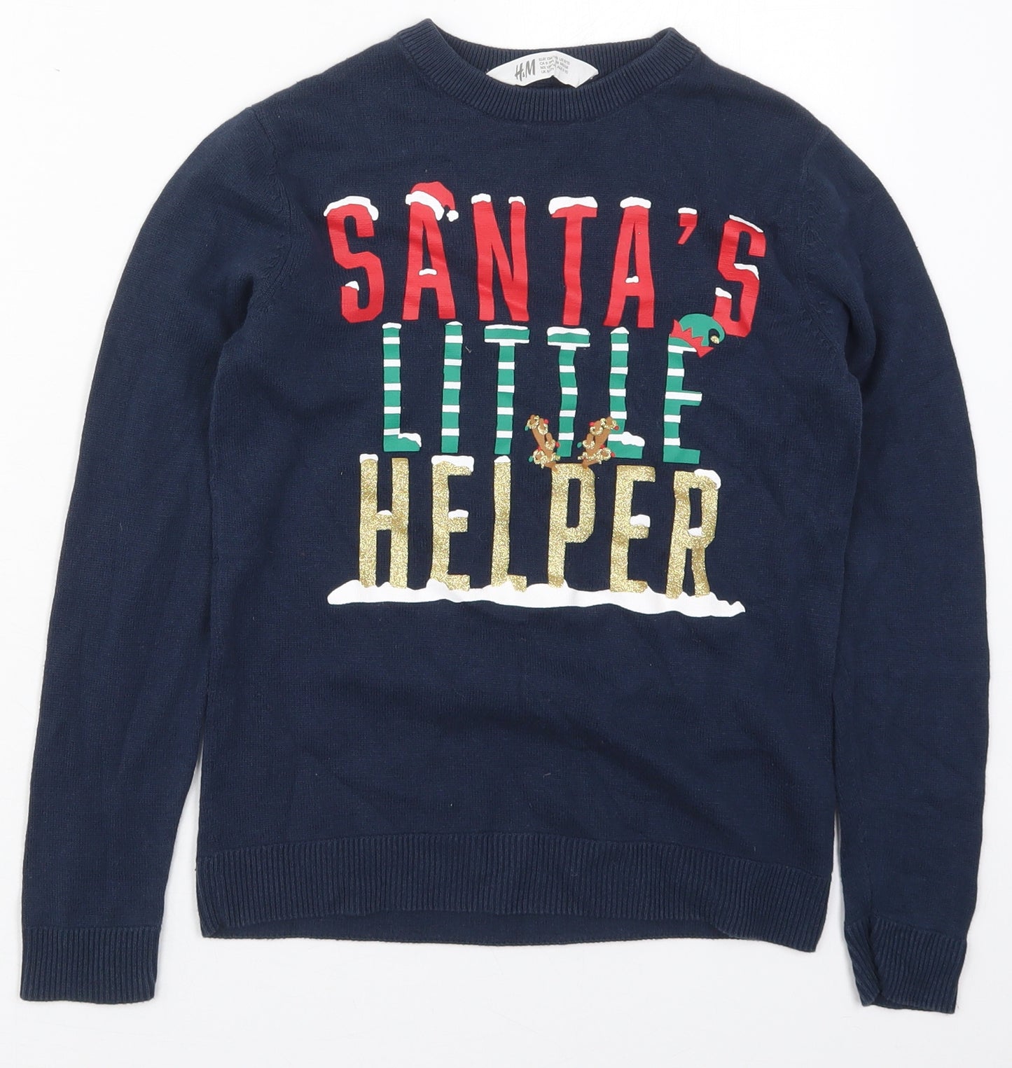H&M Girls Blue Crew Neck  Cotton Pullover Jumper Size 8-9 Years  Pullover - Santa's Little Helper