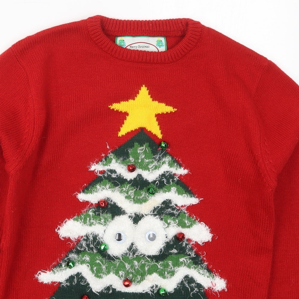 Cedar Wood State Mens Red Crew Neck  Acrylic Pullover Jumper Size XS   - Christmas Tree
