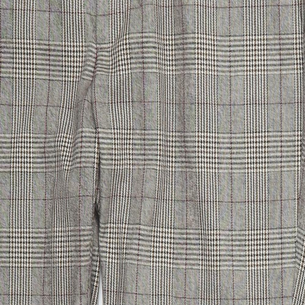 Zara Womens Beige Check Polyester Trousers  Size 14 L25 in Regular Hook & Eye