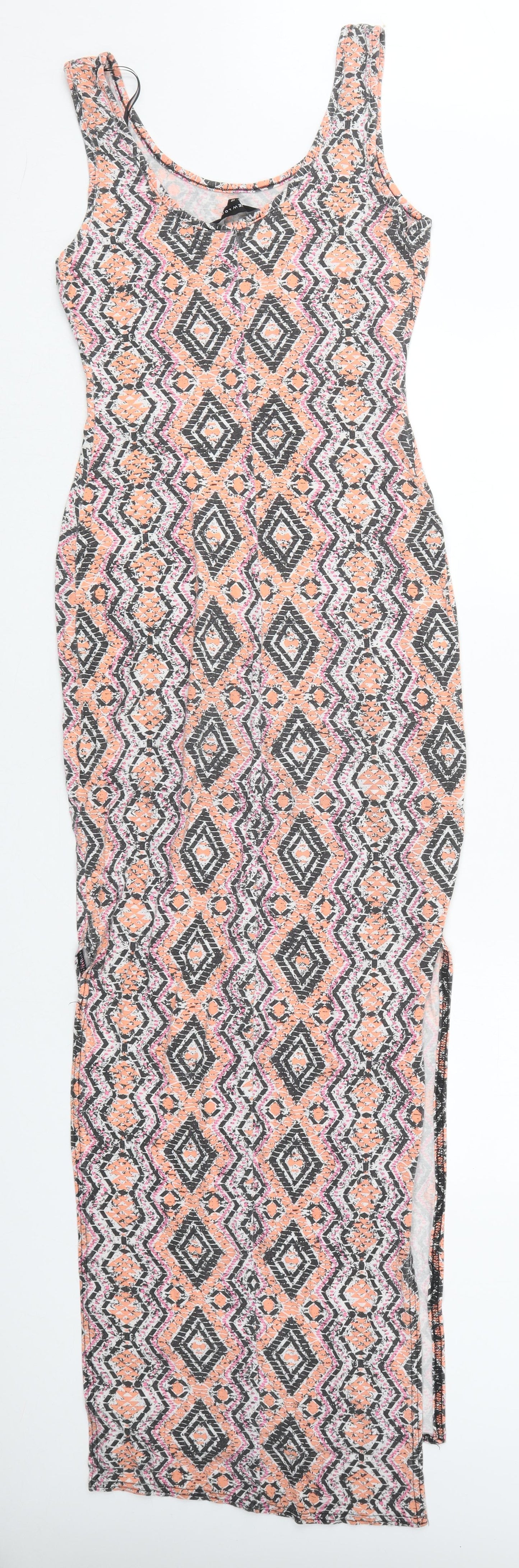 New Look Womens Orange Geometric Viscose Pencil Dress  Size 12  Scoop Neck Pullover