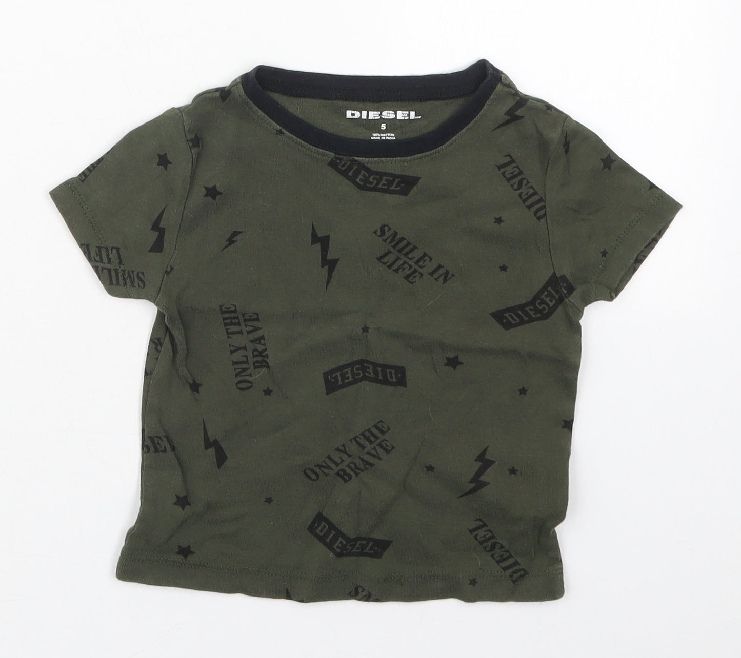 Diesel Boys Green  Cotton Basic T-Shirt Size 5 Years Crew Neck Pullover - Lightning Bolt