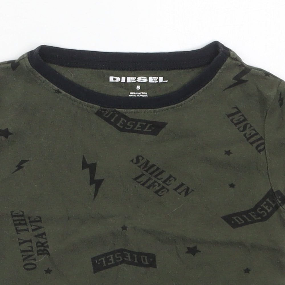 Diesel Boys Green  Cotton Basic T-Shirt Size 5 Years Crew Neck Pullover - Lightning Bolt