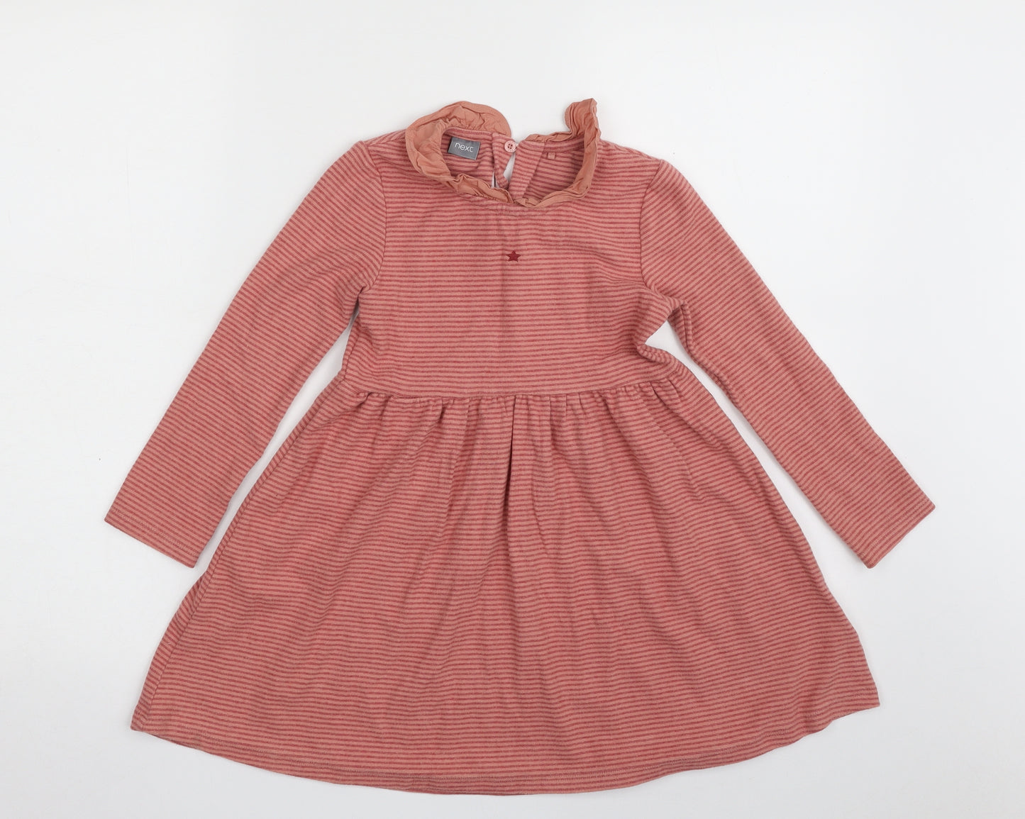 NEXT Girls Pink Striped Cotton T-Shirt Dress  Size 4-5 Years  Crew Neck Button