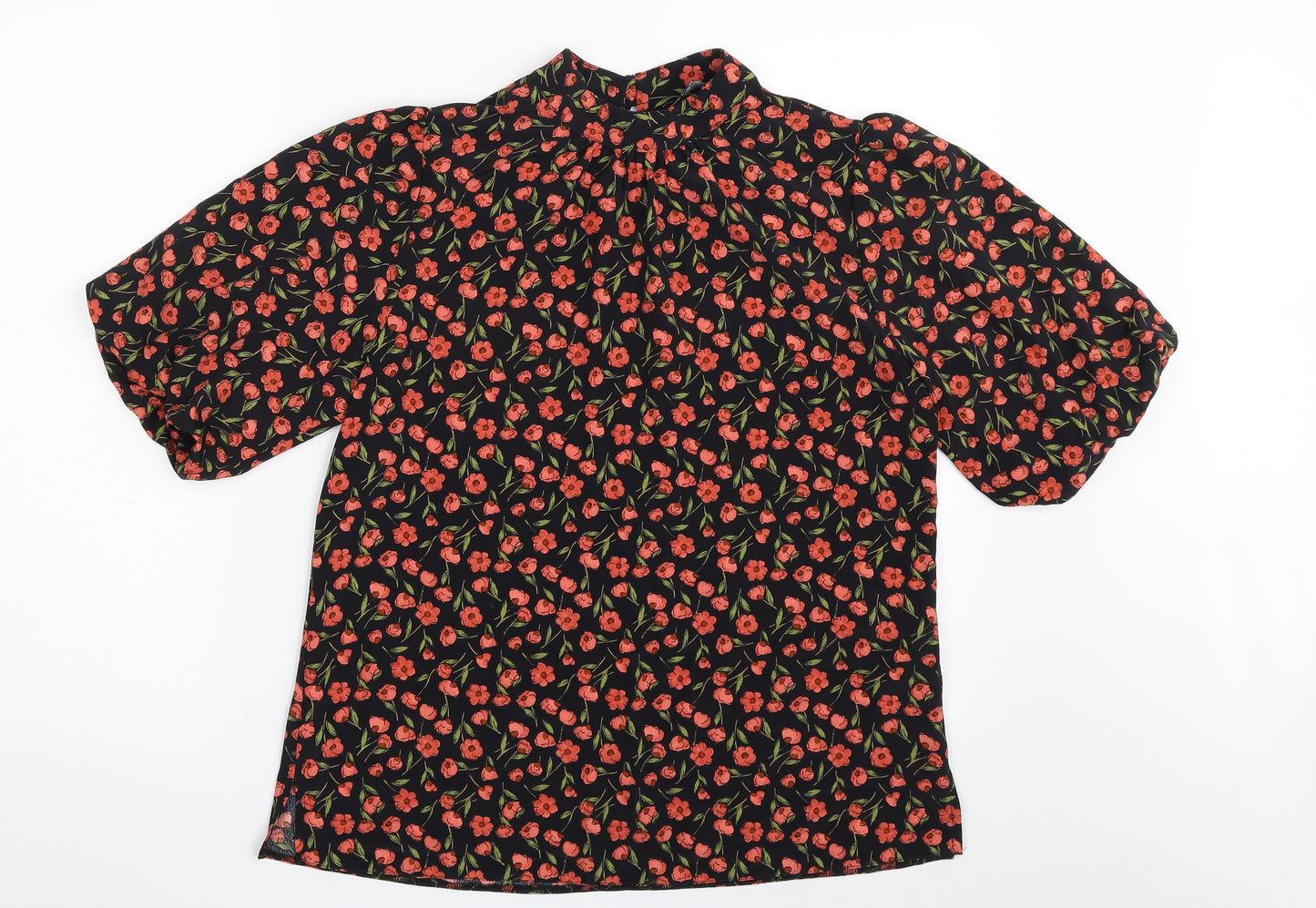 Dorothy Perkins Womens Black Floral Polyester Basic Blouse Size 10 Crew Neck