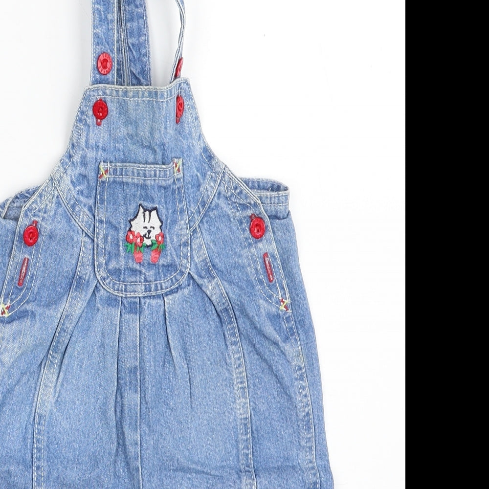 St. Michael Girls Blue  100% Cotton Pinafore/Dungaree Dress  Size 12 Months  Off the Shoulder Snap