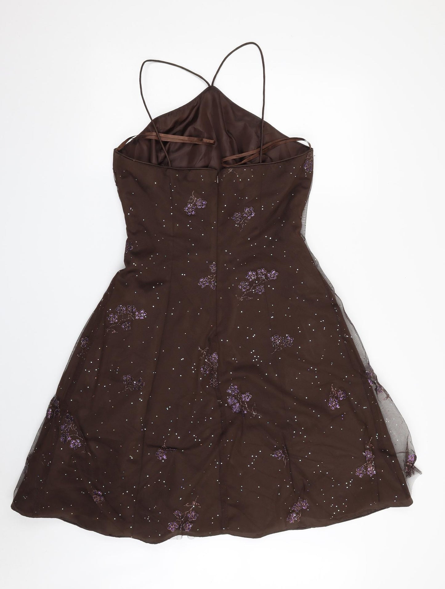 Onyx Nite Womens Brown Floral Polyester Fit & Flare  Size 12  Off the Shoulder Zip