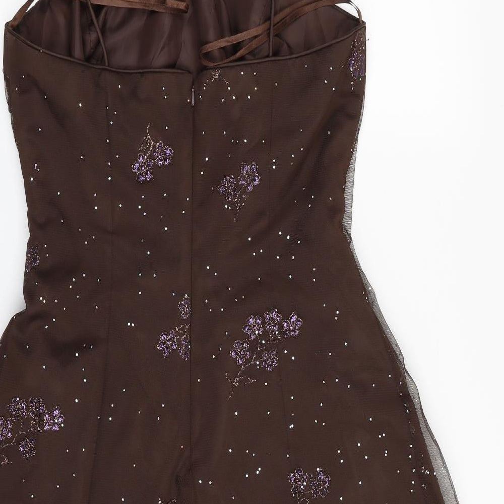 Onyx Nite Womens Brown Floral Polyester Fit & Flare  Size 12  Off the Shoulder Zip