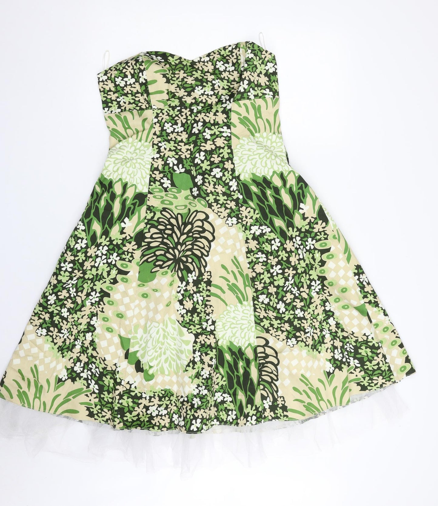Miss Posh Womens Green Floral Cotton Fit & Flare  Size 14  Off the Shoulder Zip