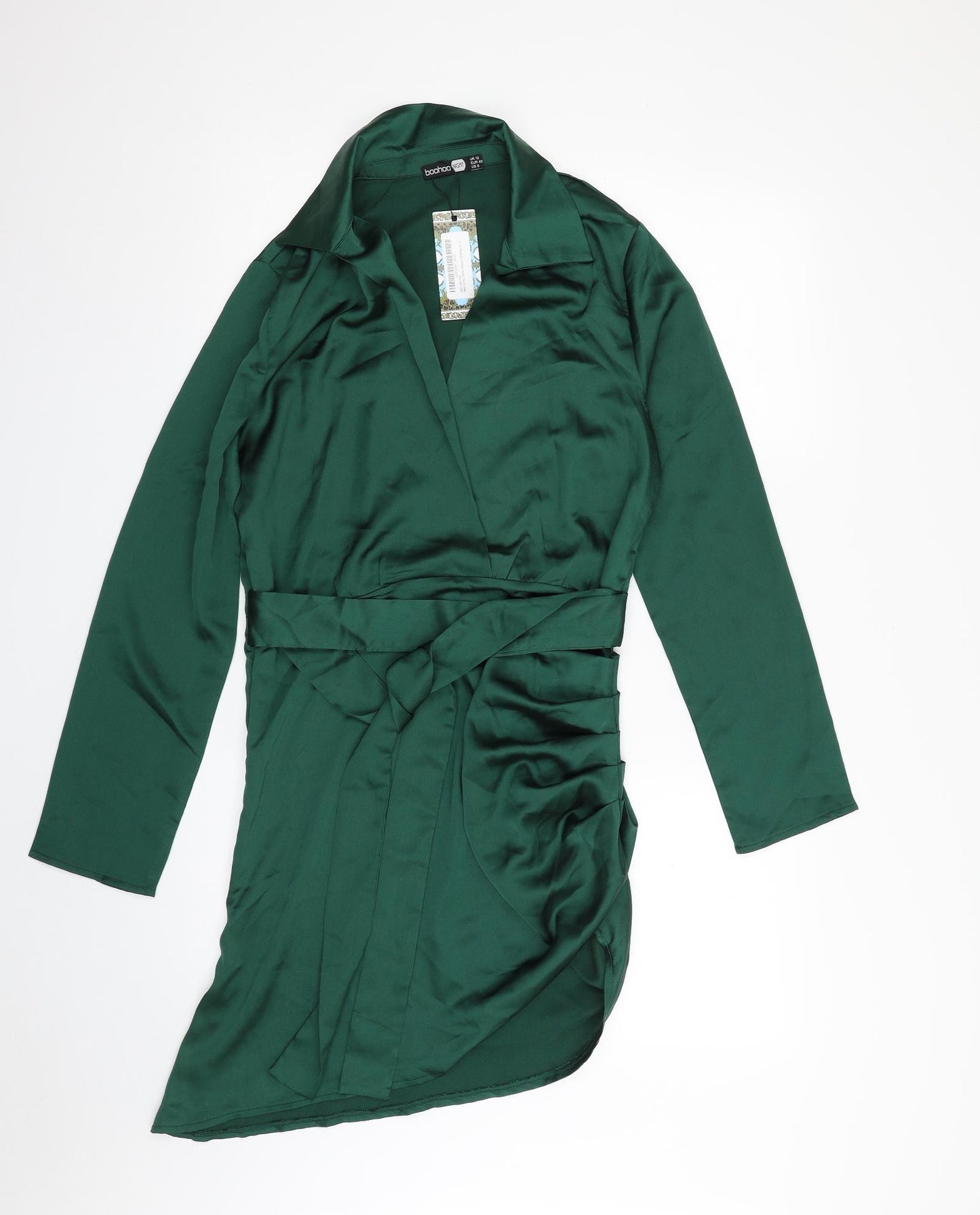 Boohoo Womens Green  Polyester Wrap Dress  Size 12  V-Neck Zip