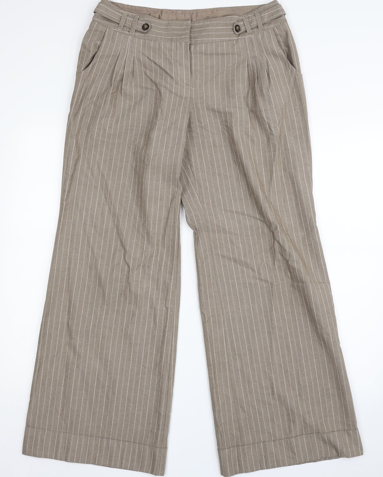 NEXT Womens Beige Striped Polyester Trousers  Size 12 L30 in Regular Zip