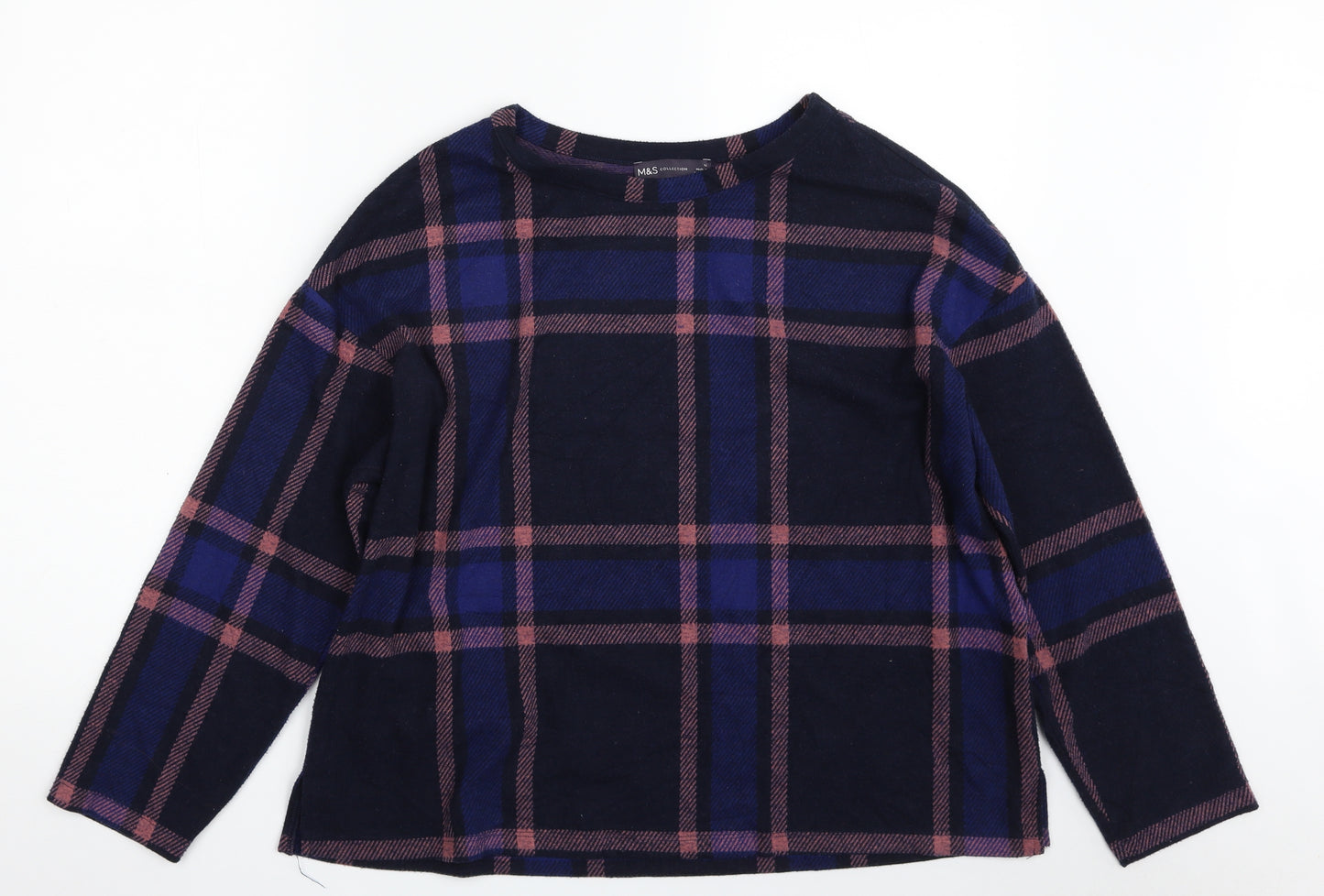 Marks and Spencer Womens Blue Plaid Polyester Pullover Sweatshirt Size 16   - Cropped
