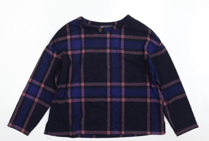 Marks and Spencer Womens Blue Plaid Polyester Pullover Sweatshirt Size 16   - Cropped