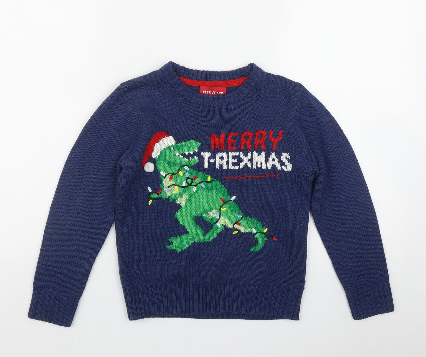 Festive fun Boys Blue Round Neck  Acrylic Pullover Jumper Size 7-8 Years   - 'Merry T-Rexmas'