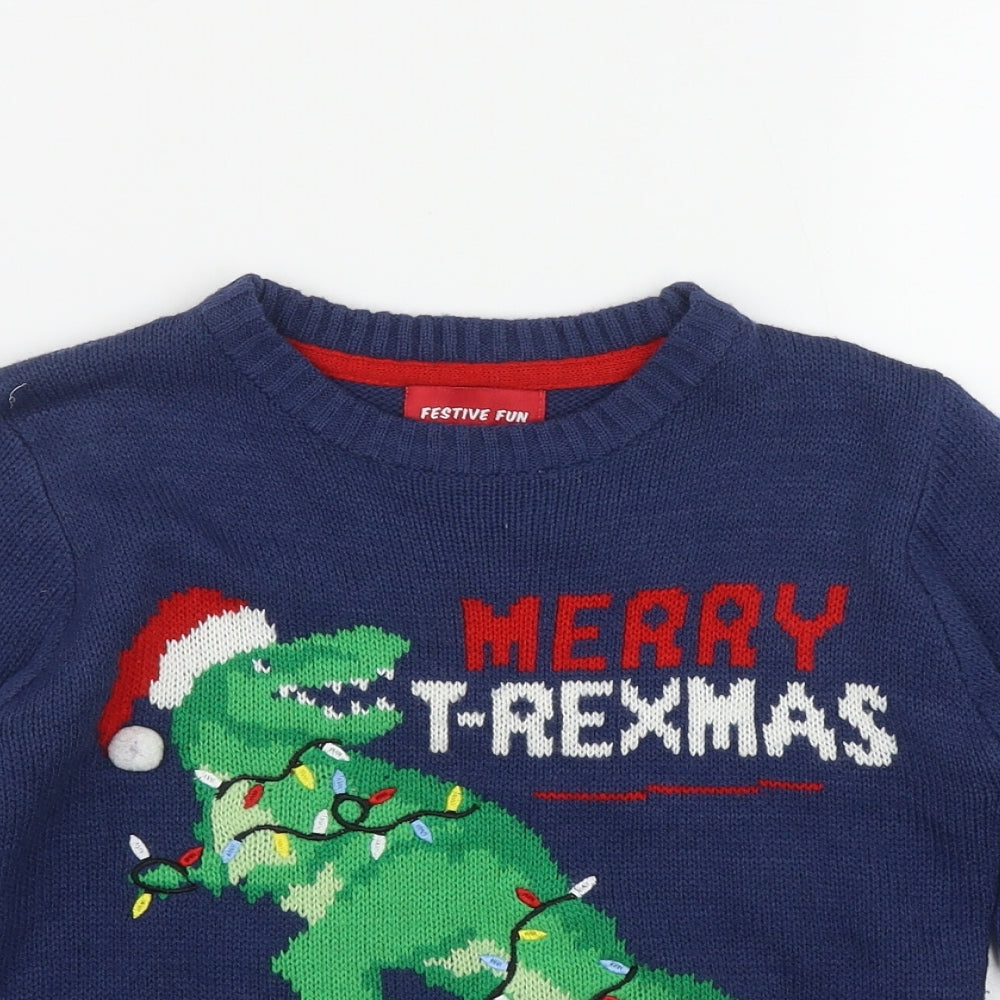 Festive fun Boys Blue Round Neck  Acrylic Pullover Jumper Size 7-8 Years   - 'Merry T-Rexmas'