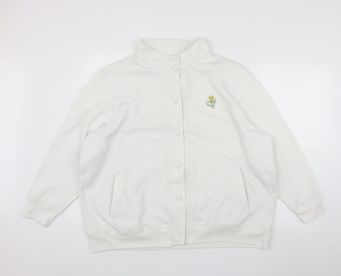 Damart Womens White High Neck  Polyester Cardigan Jumper Size XL   - Embroidered Flower