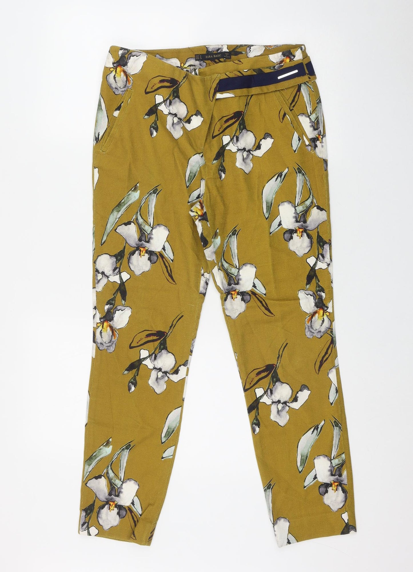 Zara Womens Yellow Floral Cotton Trousers  Size M L26 in Regular Zip