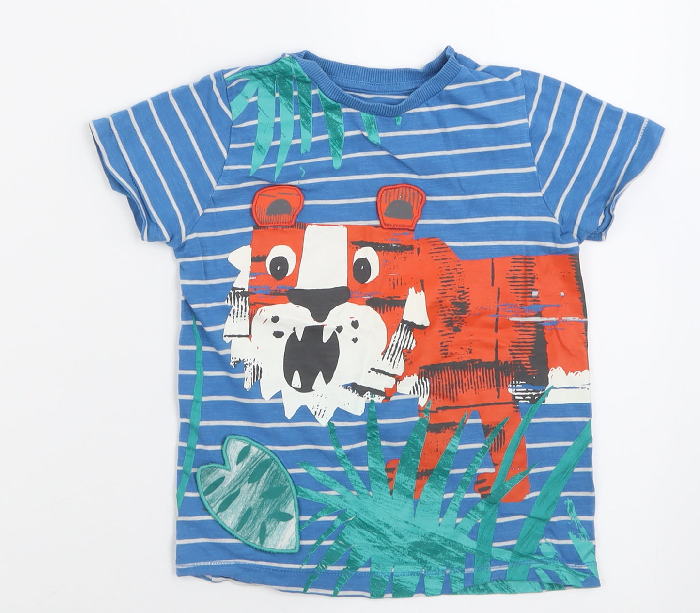 Marks and Spencer Boys Blue Striped Cotton Basic T-Shirt Size 3-4 Years Crew Neck Pullover