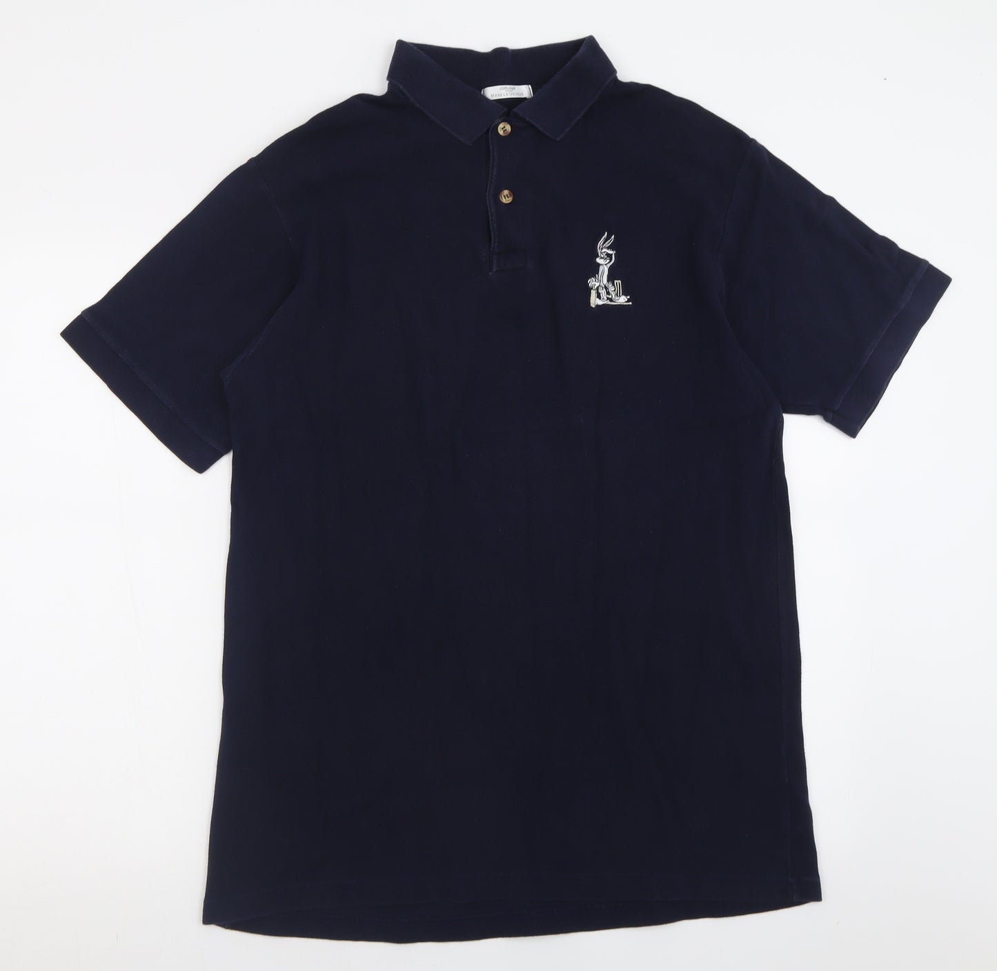 Marks and Spencer Mens Blue  Cotton  Polo Size L Collared Button - Rabbit