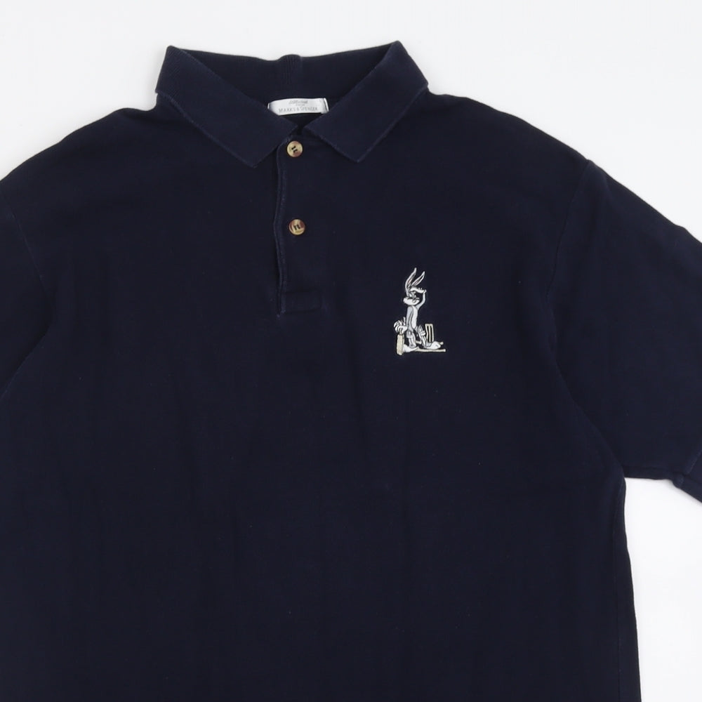 Marks and Spencer Mens Blue  Cotton  Polo Size L Collared Button - Rabbit