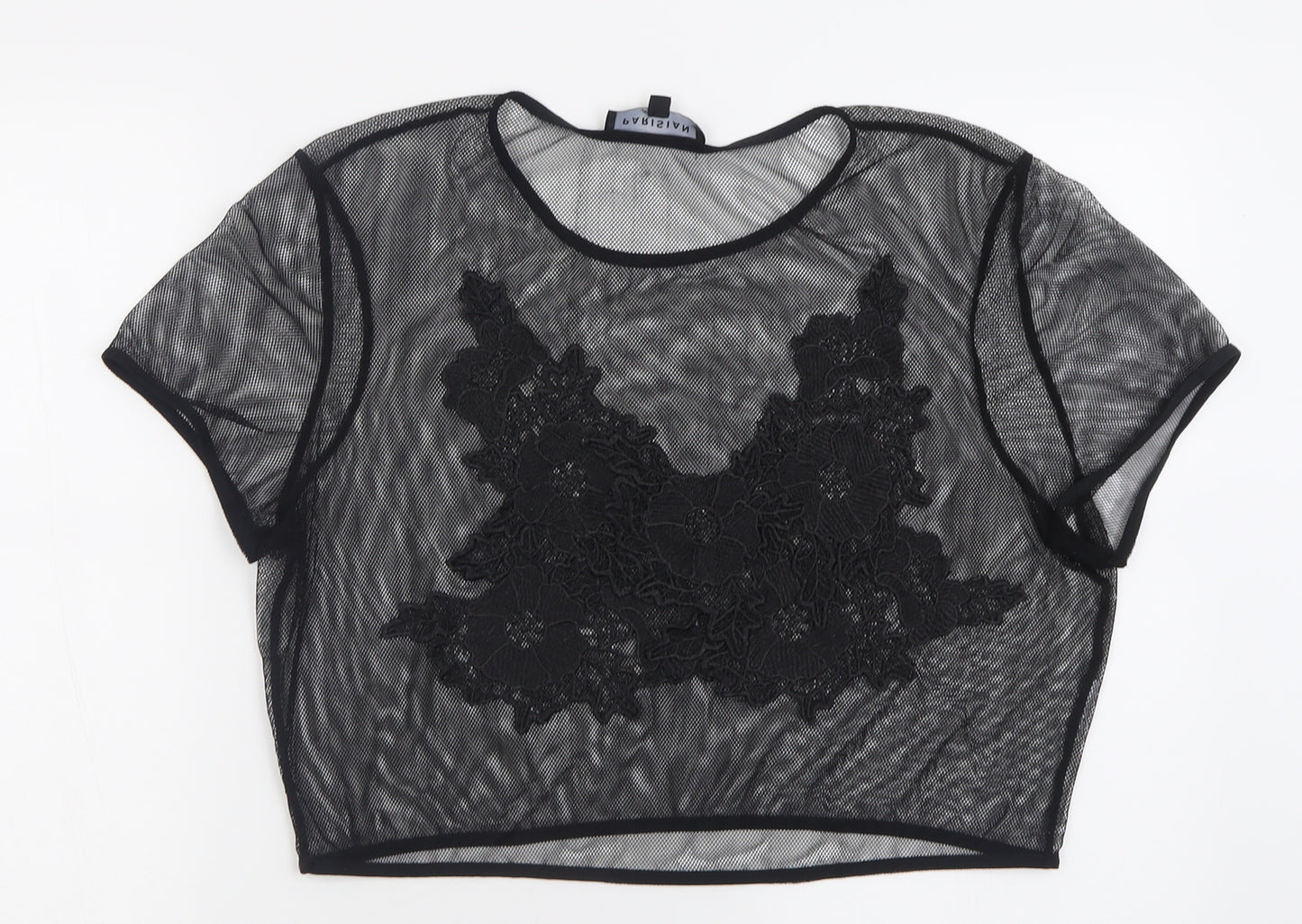 PARISIAN SIGNATURE Womens Black Floral Polyester Cropped T-Shirt Size 16 Crew Neck - Fishnet