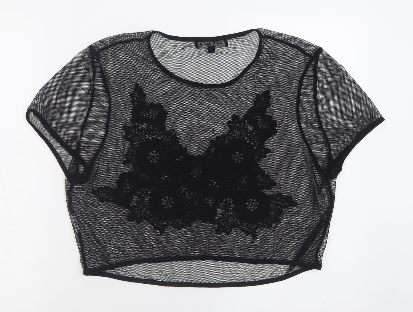 PARISIAN SIGNATURE Womens Black Floral Polyester Cropped T-Shirt Size 16 Crew Neck - Fishnet