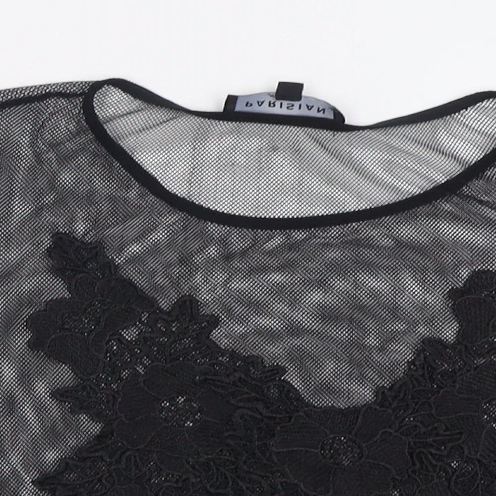PARISIAN SIGNATURE Womens Black Floral Polyester Cropped T-Shirt Size 16 Crew Neck - Fishnet