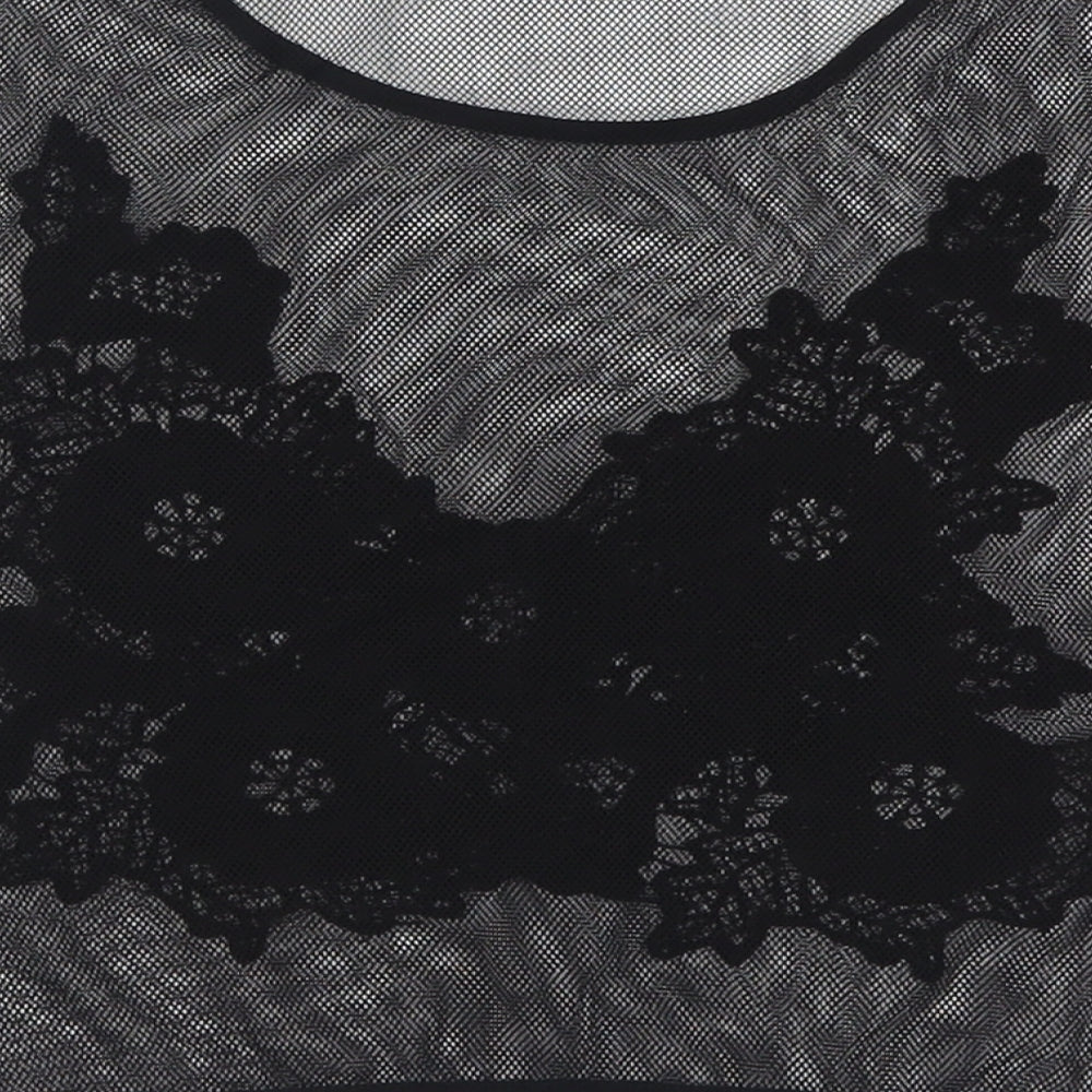 PARISIAN SIGNATURE Womens Black Floral Polyester Cropped T-Shirt Size 16 Crew Neck - Fishnet