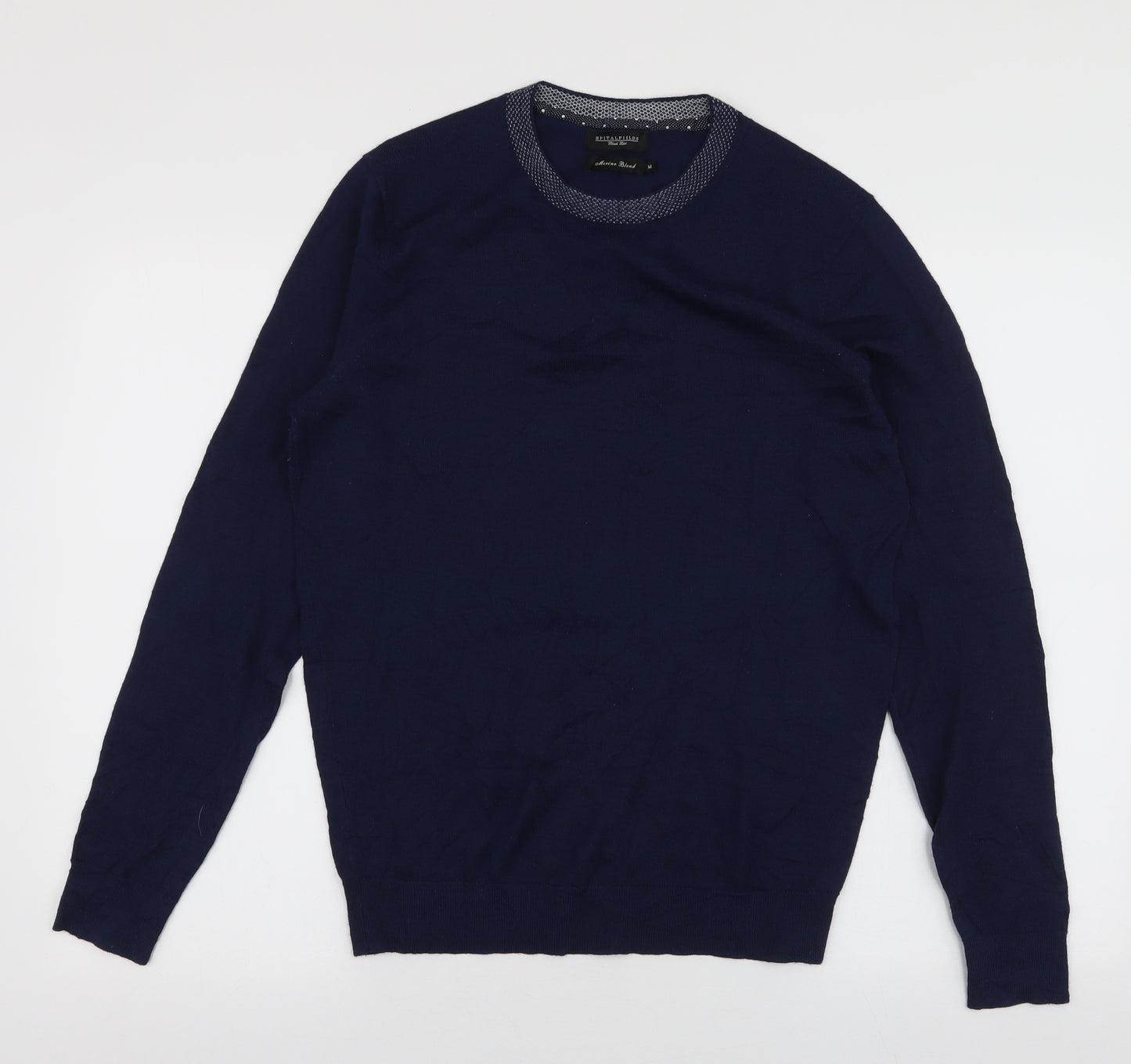 Spitalfields Mens Blue Round Neck  Wool Pullover Jumper Size M