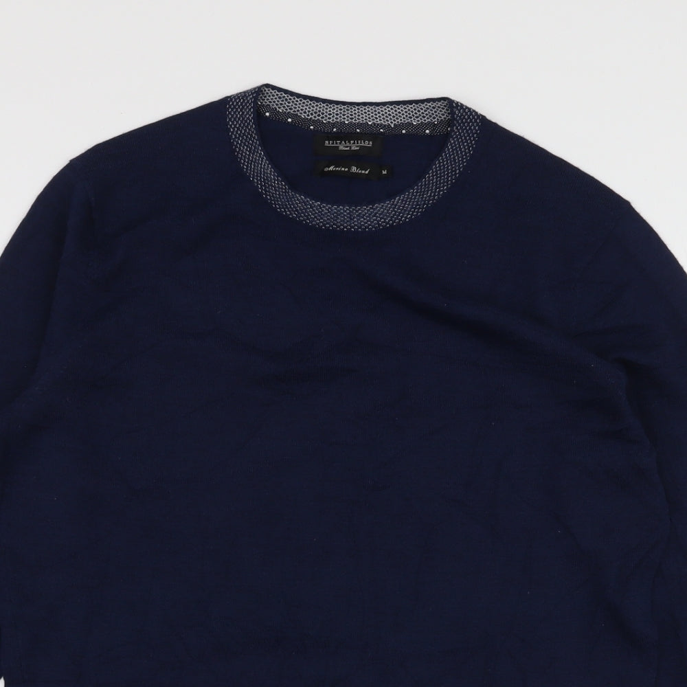 Spitalfields Mens Blue Round Neck  Wool Pullover Jumper Size M