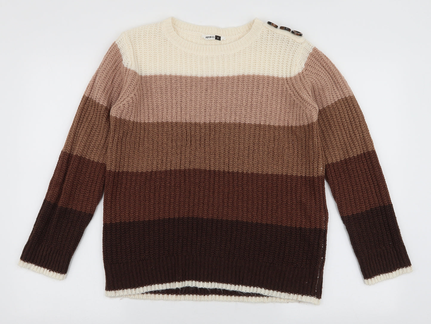Pep & Co Womens Brown Round Neck Striped Acrylic Pullover Jumper Size S